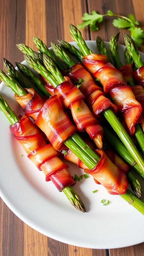 Crispy Bacon-Wrapped Asparagus in Air Fryer Crispy bacon-wrapped asparagus served on a plate, garnished with herbs.